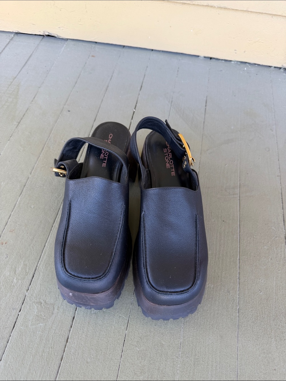 Charlotte Stone Black Leather Platform Slingback Clogs